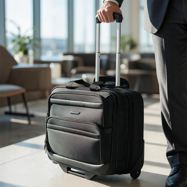 17" Black Wheeled Laptop Briefcase 1680D Polyester 4 Wheel Business Bag