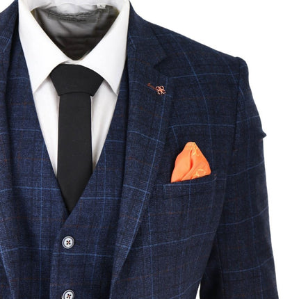 Mens 3 Piece Navy Blue Tweed Check Vintage Retro Classic Suit