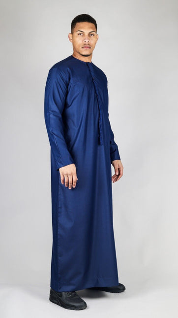 Men's Navy Blue Thobe Emirati Islamic Jubba Robe Eid Tassel Regular Fit