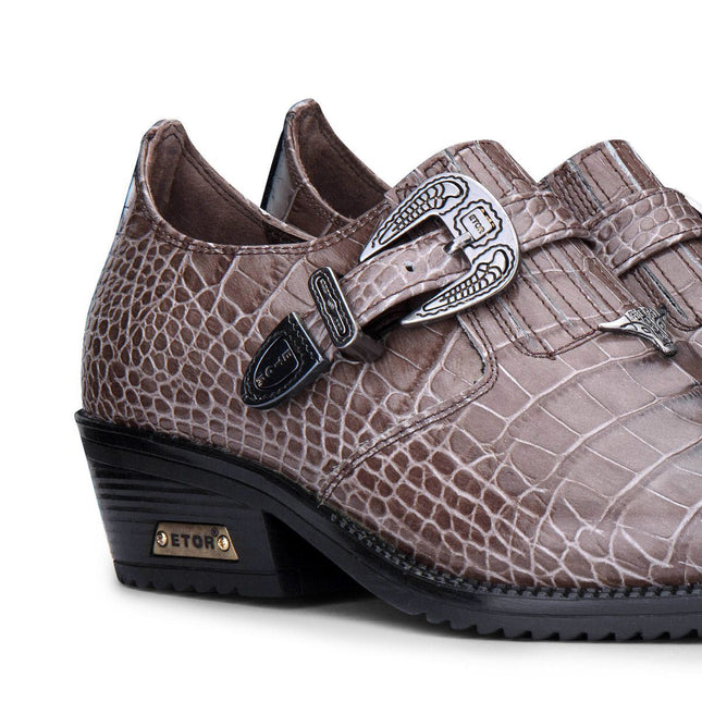 Men's Brown Croc Leather Winklepicker Cuban Biker Boots