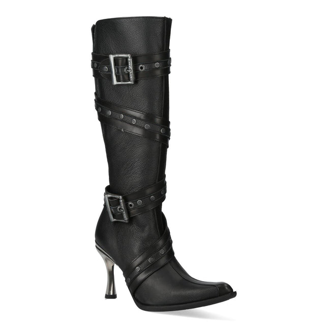 New Rock Womens Black Leather Gothic Knee-High Heeled Boots - M-9029-C10