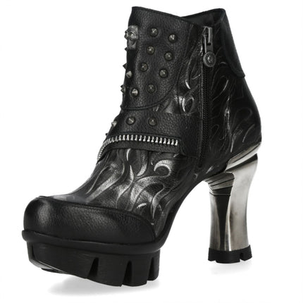 New Rock Womens Neopunk001-C19 Black Gothic Heeled Punk Leather Ankle Boots