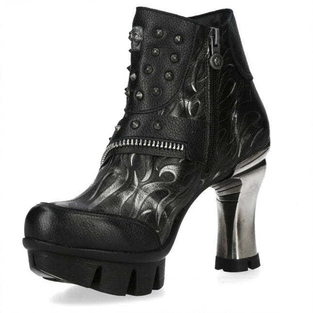 New Rock Womens Neopunk001-C19 Black Gothic Heeled Punk Leather Ankle Boots
