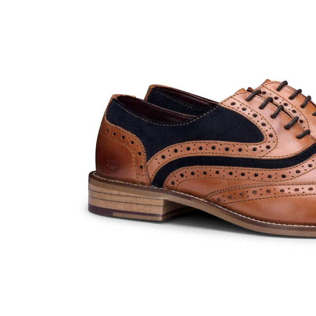 Mens Classic Oxford Tan Leather Gatsby Brogue Shoes With Navy Suede