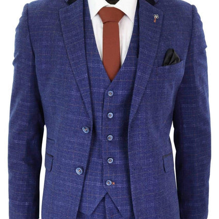 Mens 3 Piece Blue Tweed Check Vintage Classic Suit