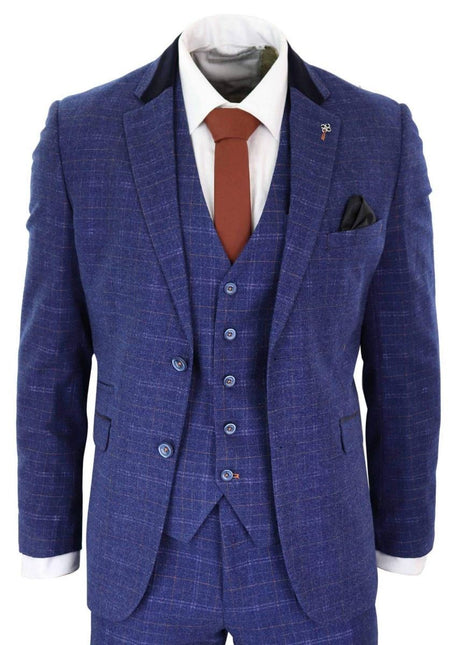 Mens 3 Piece Blue Tweed Check Vintage Classic Suit