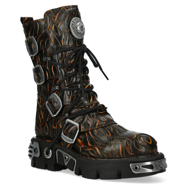 New Rock M-591-C62 Mid-Calf High Black Flame Leather Metallic Gothic Boots