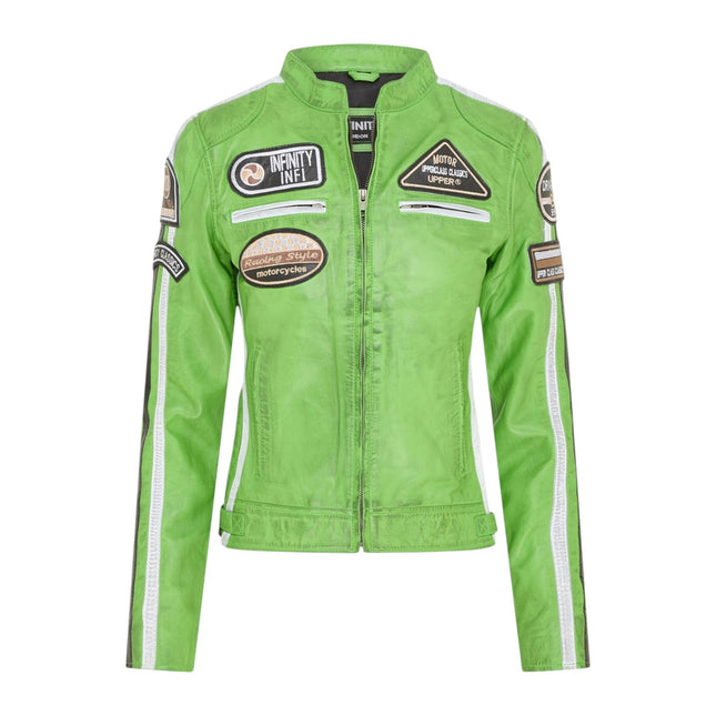 Womens Biker Racing Badges Green Leather Jacket-Eastleigh