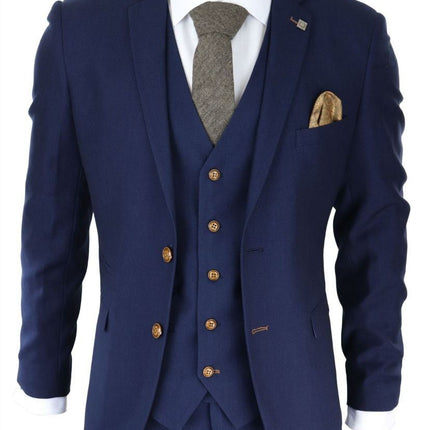 Mens 3 Piece Navy Blue Birdseye Classic Suit