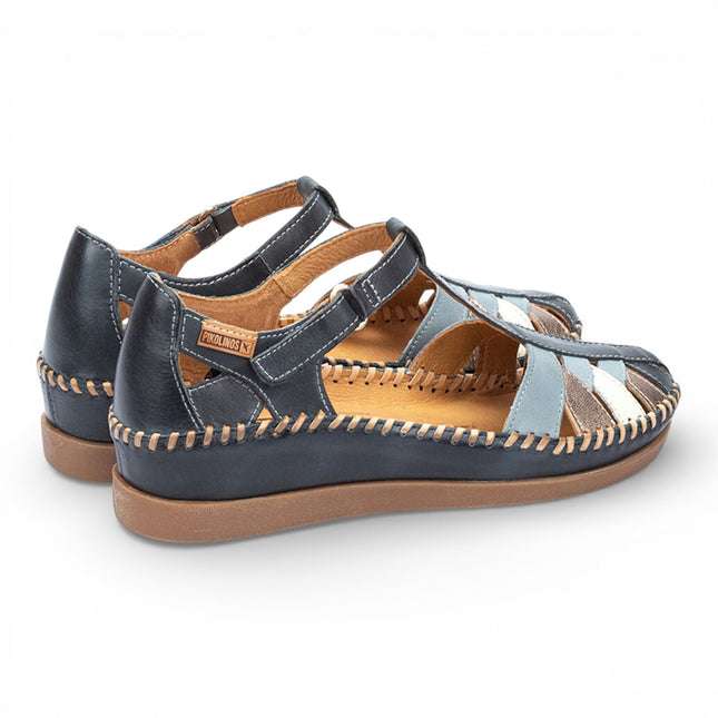 Pikolinos Women's Ocean Blue Leather Semi-Open Wedge Sandal Shoes - Cadaques