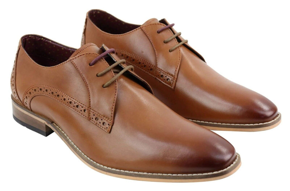 Mens Classic Oxford Brogue Derby Shoes In Tan Leather