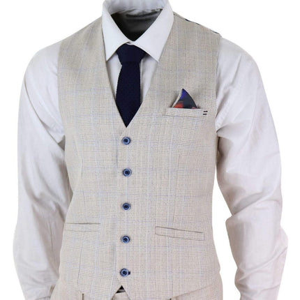Mens 3 Piece Cream Check Tweed Herringbone Vintage Classic Suit