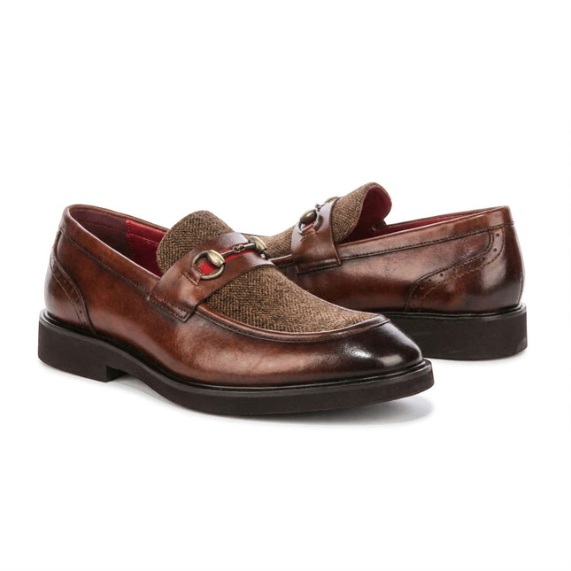 Justin Reess Men's Tan Leather Herringbone Tweed Loafer Shoes - Tristian