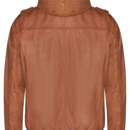 Mens Tan Leather Hooded Bomber Jacket - Tirana