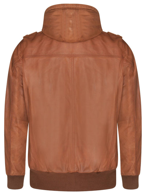 Mens Tan Leather Hooded Bomber Jacket - Tirana