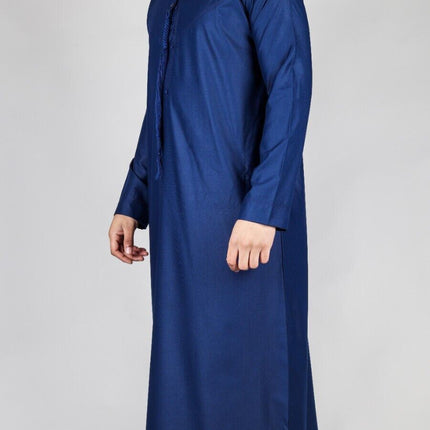 Men's Navy Blue Thobe Emirati Islamic Jubba Robe Eid Tassel Slim Fit