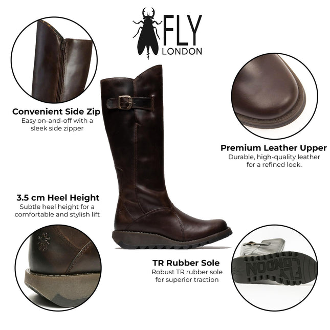 Fly London Womens Brown Mol 2 Leather Wedge Heel Knee High Zip Up Boots