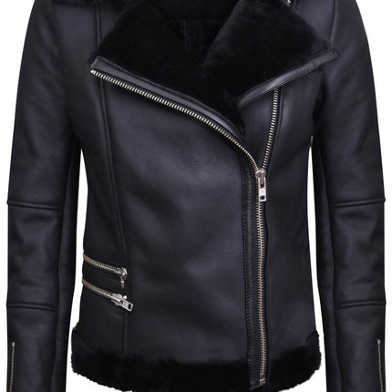 Womens Black Shearling Sheepskin Aviator Jacket-Kiev
