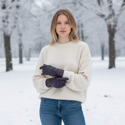 Womens Purple Italian Leather Winter Studded Design Soft Wool Lining Gloves - L-GLV-601