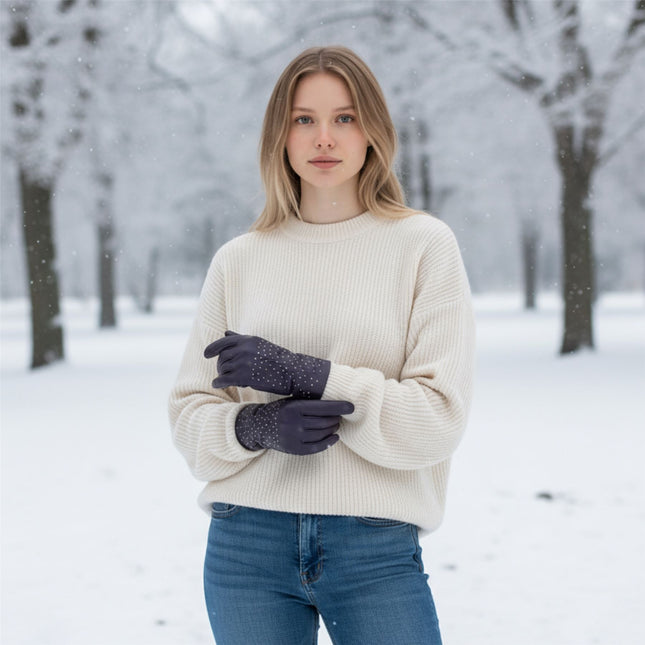 Womens Purple Italian Leather Winter Studded Design Soft Wool Lining Gloves - L-GLV-601
