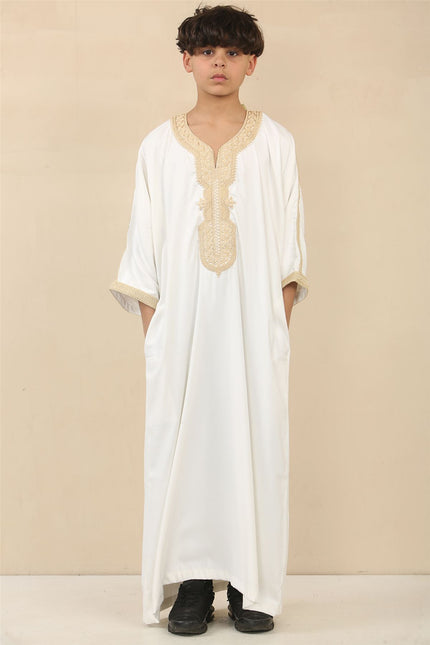Kid's Boys White Moroccan Thobe Djellaba Jubba Robe Eid
