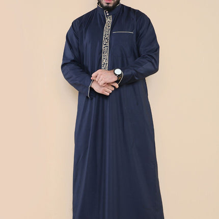 Mens Navy Thobe Jubba Emirati Islamic Arabic Eid Embroidery Kaftan Jubbah Robe