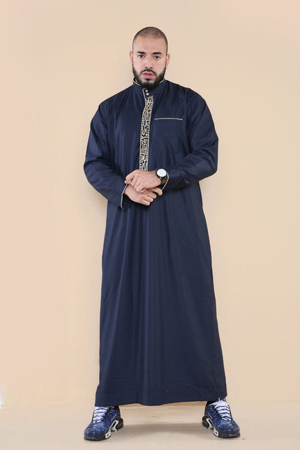 Mens Navy Thobe Jubba Emirati Islamic Arabic Eid Embroidery Kaftan Jubbah Robe