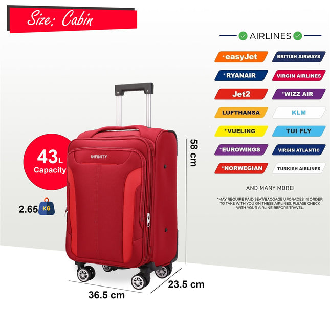 Soft Cabin Suitcase 36.5 x 23.5 x 58 cm Nylon 900D Suitable Integrated Lock for Easyjet, Ryanair, Wizzair