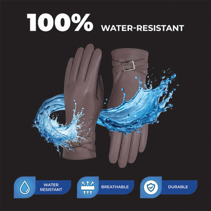 Womens Nude Beige Italian Leather Winter Buckle Soft Wool Lining Gloves - L-GLV-601