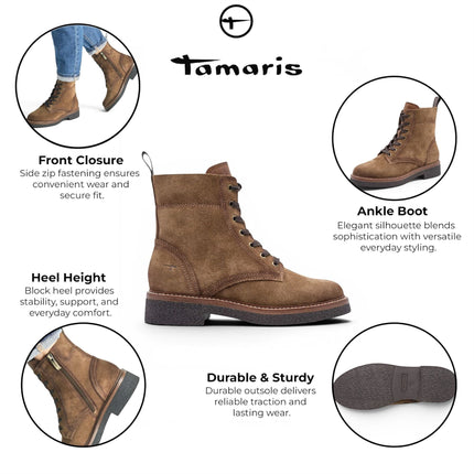Tamaris Women's Brown Suede Leather Lace-Up Combat Boots - 25224-47