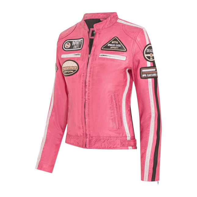 Womens Biker Racing Badges Fuschia Leather Jacket-Eastleigh
