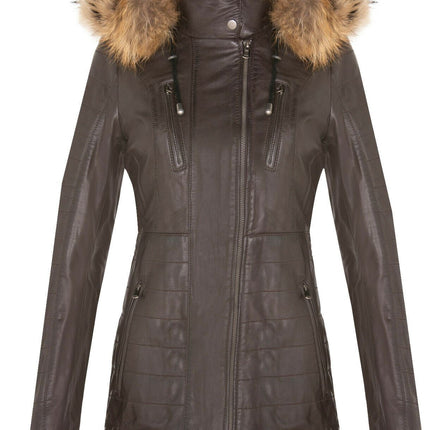 Womens Slim Fit Leather Hooded Parka Jacket-Northam