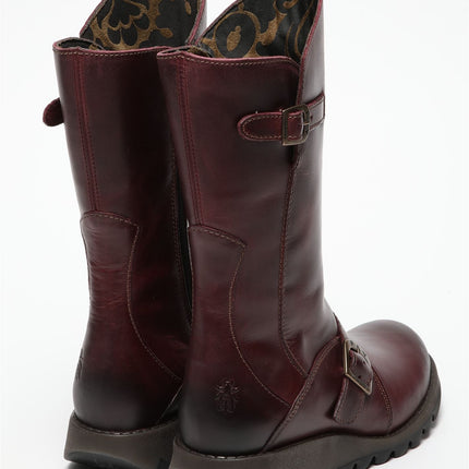Fly London Womens Wine Mes 2 Wedge Heel Buckle Mid-Calf Leather Zip Platform Boots