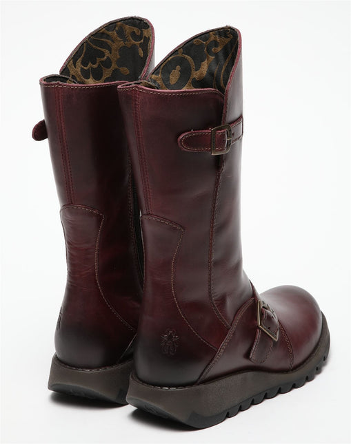 Fly London Womens Wine Mes 2 Wedge Heel Buckle Mid-Calf Leather Zip Platform Boots