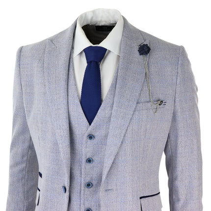 Mens 3 Piece Tweed Suit Light Blue Check Peaky Blinders 1920 Gatsby Wedding Suit