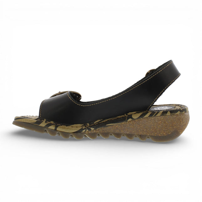Fly London Women's TRAM723FLY Black Leather Wedge Sandals