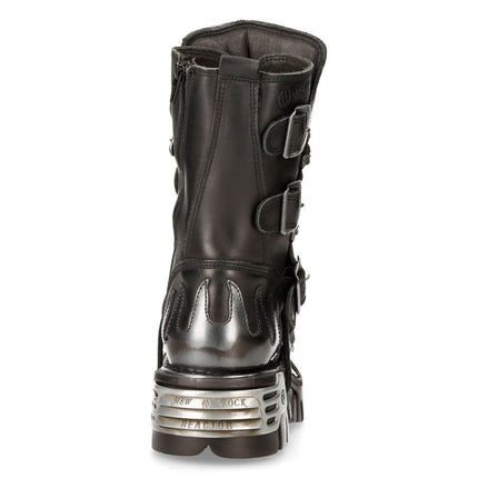 New Rock Flame Accented Black/Silver Leather Boots -591-S2