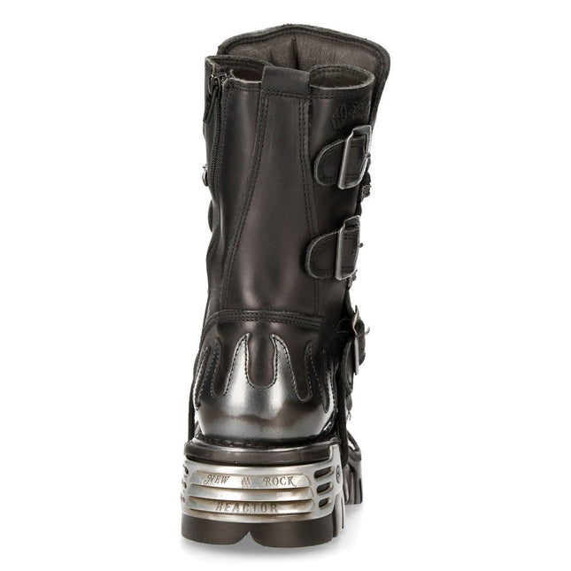 New Rock Flame Accented Black/Silver Leather Boots -591-S2