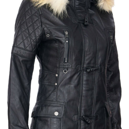 Womens Quilted Leather Parka Jacket-Brussels