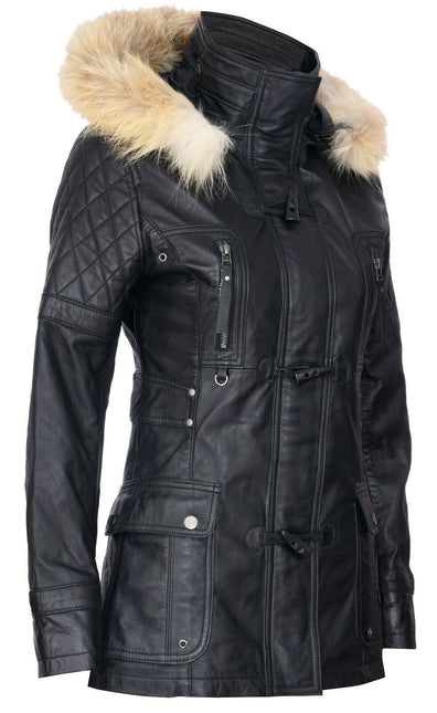 Womens Quilted Leather Parka Jacket-Brussels