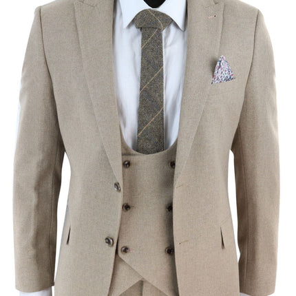 Mens Tweed 3 Piece Beige Formal Wedding Suit