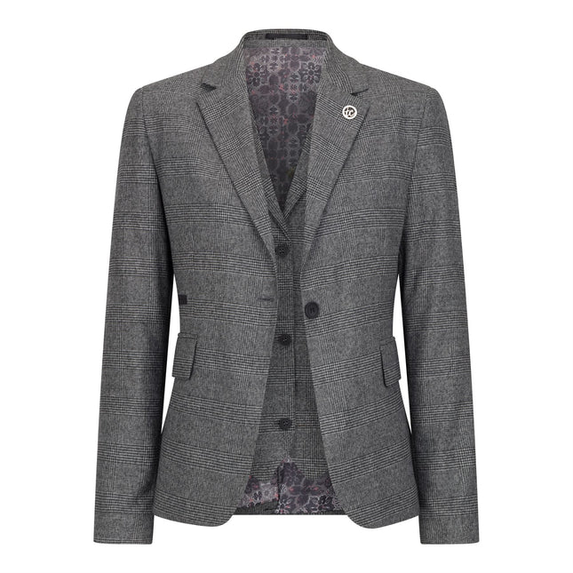 Women's Grey Three-Piece Tailored Fit Suit in Prince of Wales Check