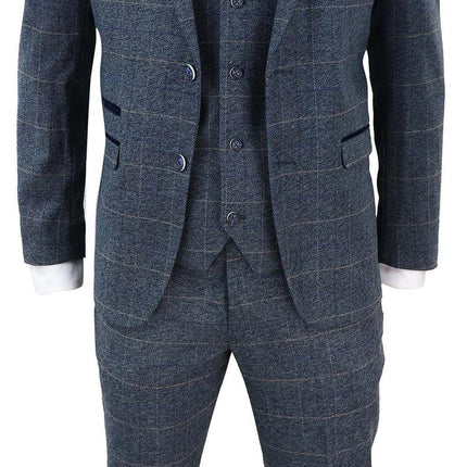 Mens 3 Piece Blue Tweed Check Vintage Suit