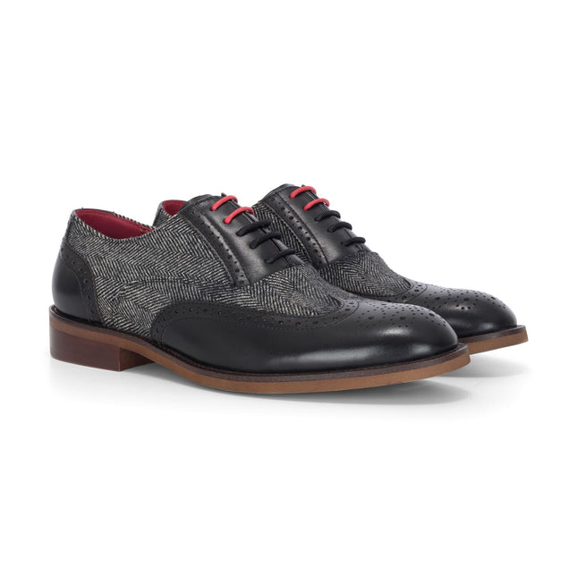 Justin Reess Men's Black Leather Tweed Brogue Shoes - Albert