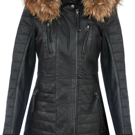 Womens Slim Fit Leather Hooded Parka Jacket-Northam