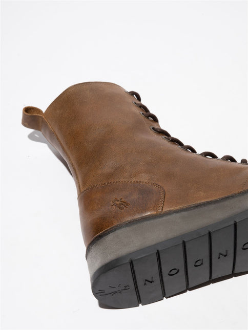 Fly London Womens Tan Rami043 Casual Leather Lace-Up Ankle Dress Boots
