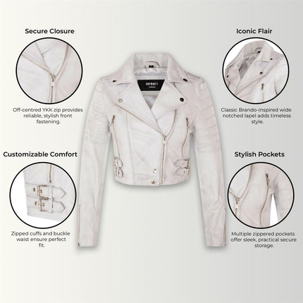 Womens Cropped Brando Leather Biker Jacket-Damascus