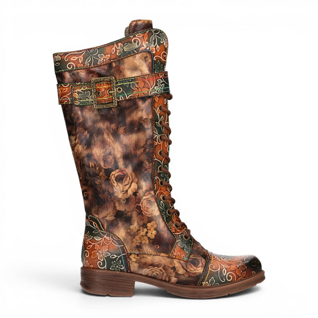 Laura Vita Women's Tan Floral Victorian Leather High Combat Long Boots - Anitao-21