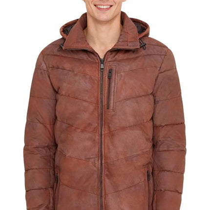 Men's Tan Brown Leather Quilted Jacket Hooded Puffer Winter Coat - Olyic