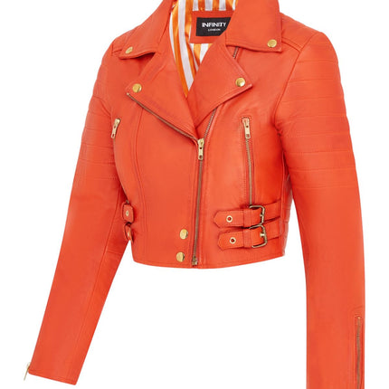 Womens Orange Cropped Brando Leather Biker Jacket-Longtown